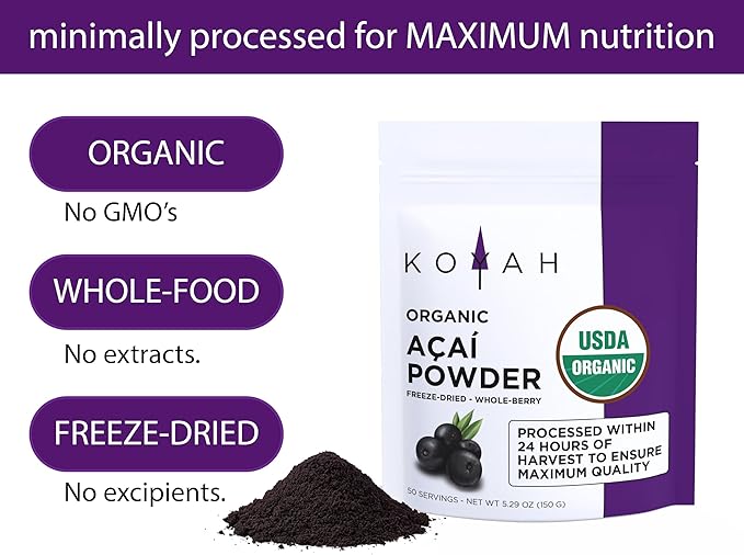 KOYAH - Organic Acai Powder (150g - 50 Servings): Brazil Grown Freeze-Dried 100% Pure No Citric Acid Added Great in Smoothies and Bowls