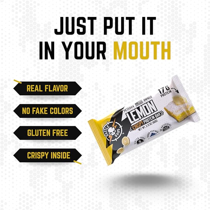 Battle Bars Crispy Protein Bar 17g Protein per serving - Gluten Free No Artificial Flavors or Colors - Verteran Owned - Lemon Almond (60g) 12 Count