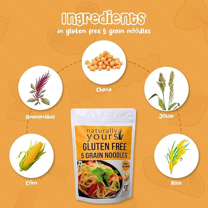 Naturally Yours Noodles 5 Grain Gluten-Free |100% Natural &amp Vegetarian |No onion no garlic | No preservatives Artificial flavors Colors or MSG ( 3.52 Ounce )