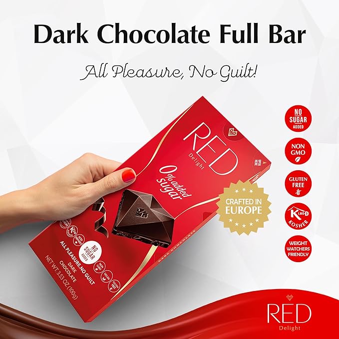 Red Delight Dark Chocolate Bars - 3.53 oz Pack of 6 - Full-Size Keto-Friendly - Low Carb Kosher Gluten-Free No Added Sugar - Smooth Creamy Vegan Chocolate from Europe