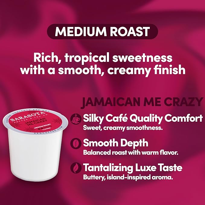 Sarasota K-Cup Coffee Pods | Medium Roast Flavored Coffee | Jamaican Me Crazy | Single Serve for Keurig Brewers | Gourmet Low Acid Mold Free | 24 Count