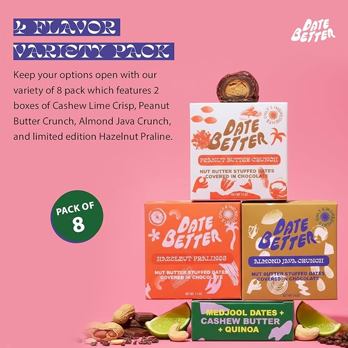 Date Better Stuffed Medjool Dates Variety Pack - Dark Chocolate-Covered Dates Filled With Peanut Butter Hazelnut Cashew Lime &amp Almond Java | No Artificial Sweeteners Gluten-Free &amp Vegan (8