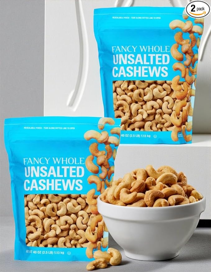 Kirkland Fancy Whole Cashews – Unsalted Whole Cashew Nuts – Kosher – 2 Pack (2.5 lb Each 5 lb Total) Resealable Containers