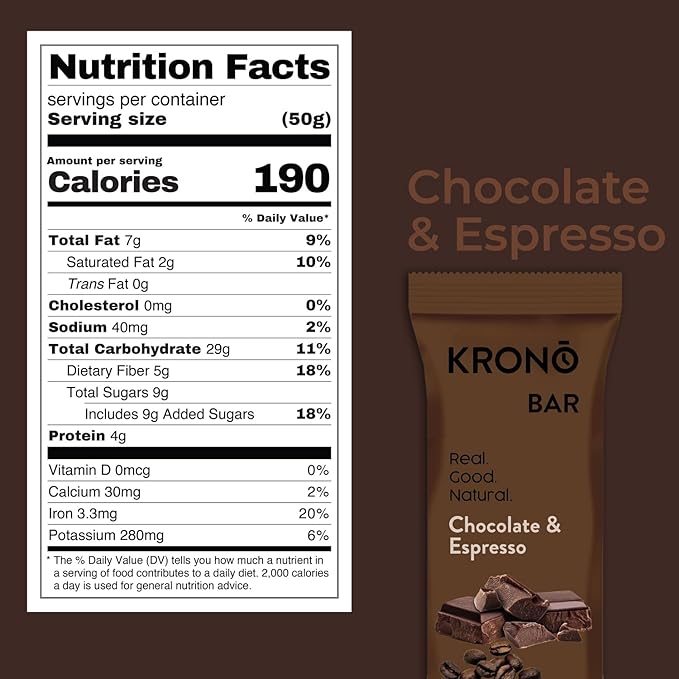 Krono Nutrition Energy Bar - Made with Natural Ingredients - Vegan - Gluten Free - Nuts Free - Soy Free - 50 gram per bars - 12 bars per box (12 count Chocolate &amp Espresso)