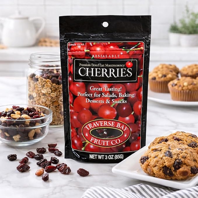 Dried Tart Montmorency Cherries Traverse Bay Fruit Co. 3 oz Bags (6-Pack) With Galley Grove Sugar-Free Breath Mints