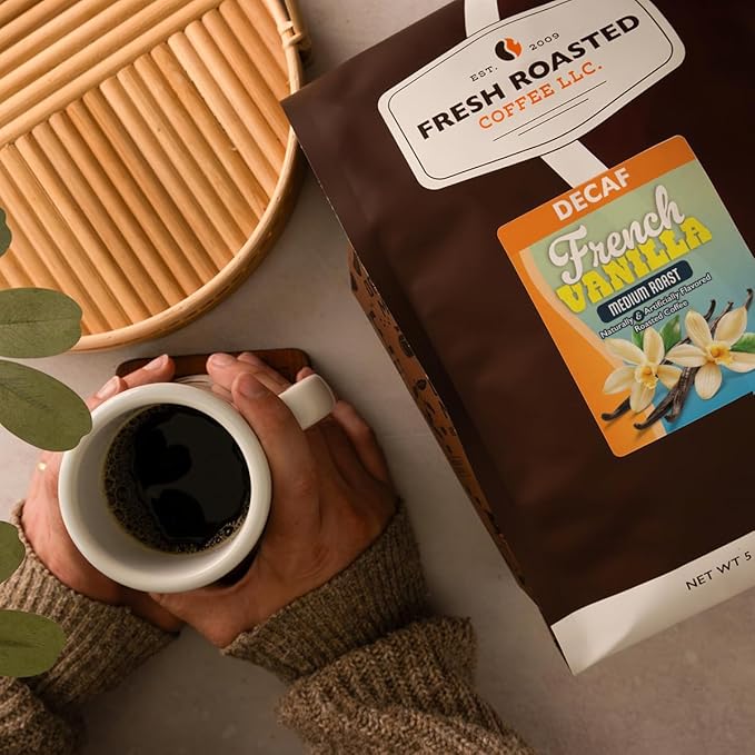 Fresh Roasted Coffee Decaf French Vanilla Flavored Coffee 5 lb (80 oz) Medium Roast Kosher Whole Bean