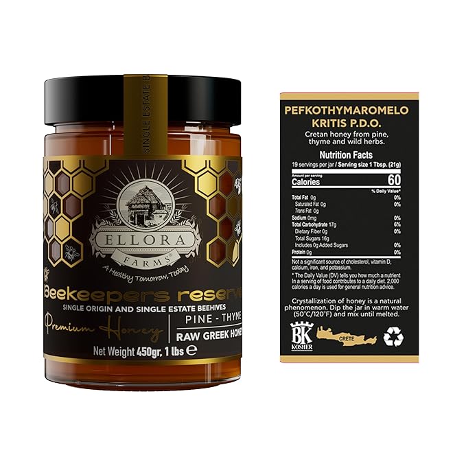 Ellora Farms Organic &amp PDO Raw Greek Honey Bundle – Wild Thyme &amp Pine+Thyme Raw Unfiltered Gift Pack - 2×450g