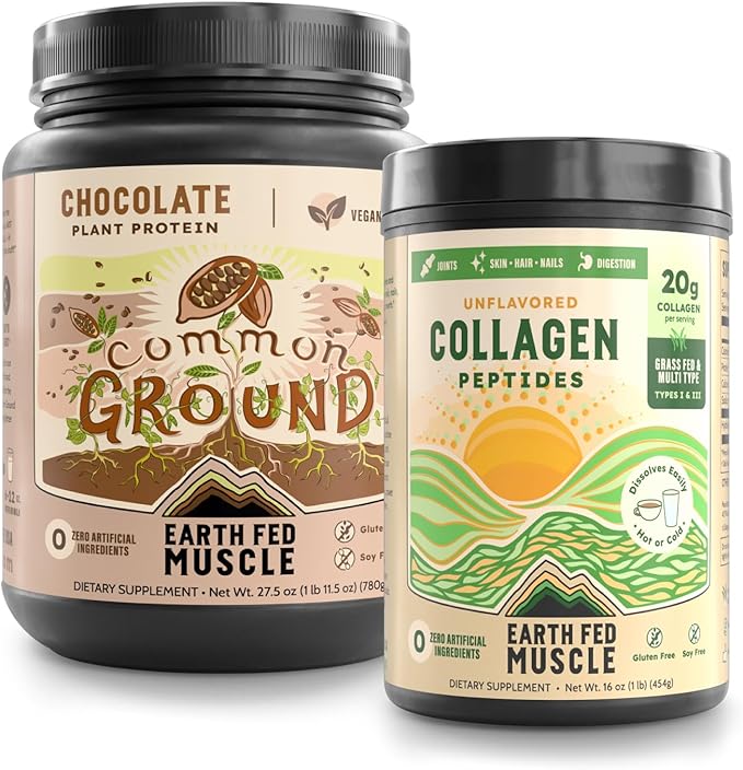 Earth Fed Muscle Vegan Protein &amp Collagen Bundle – Chocolate Plant-Based Protein Powder + Unflavored Collagen Peptides – Clean Recovery &amp Beauty Support – Gluten-Free Dairy-Free Keto Friendl
