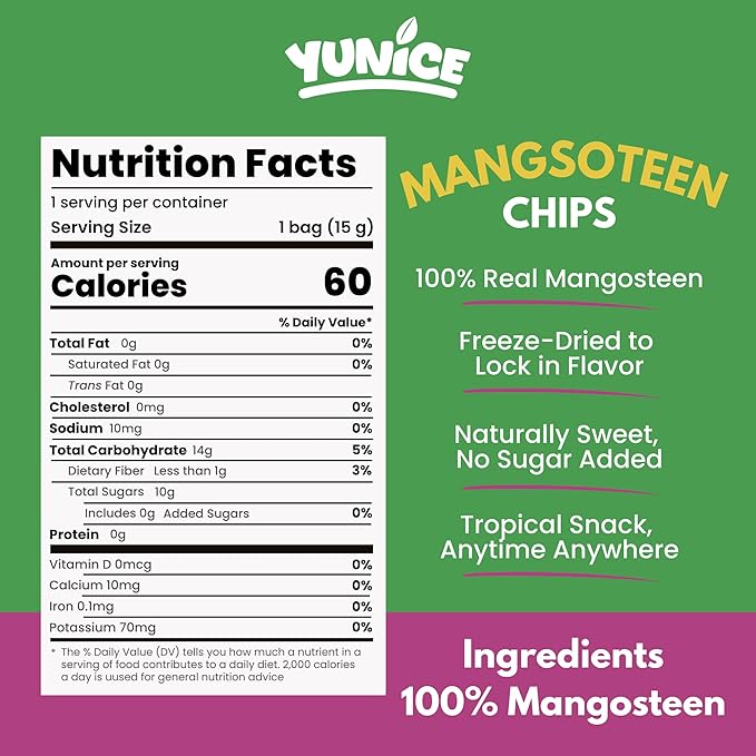 YUNiCE mangosteen Chips freeze dried mangosteen Fruit Snack 100% Real Fruit No Sugar Added Vegan Plant-Based Gluten Free Crispy Snack 0.53 oz Single Serve Pouches MANGOSTEEN (Pack of 12)