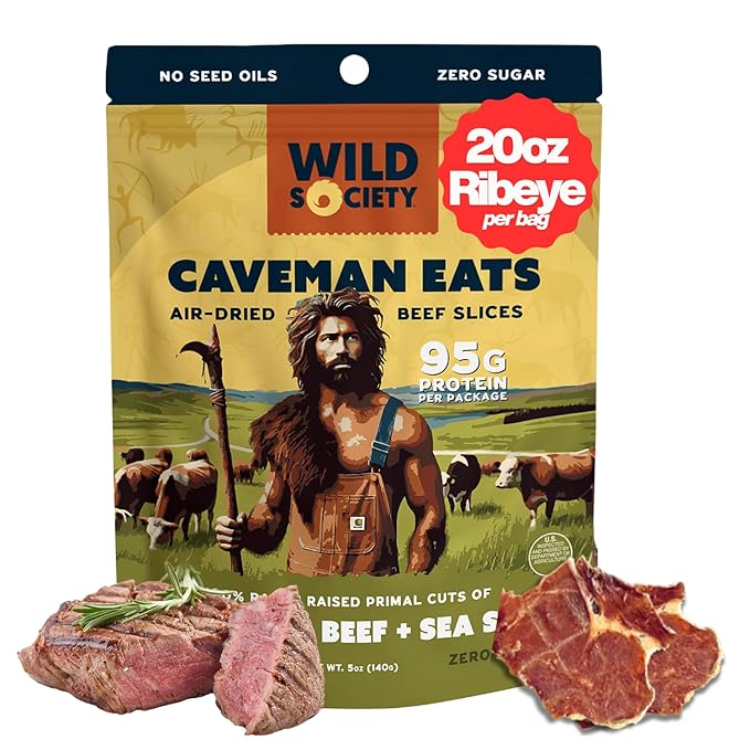 Wild Society - Caveman Eats - Grass Fed Ribeye Steak Slices - 95g Protein - Only Steak &amp Salt - 2 Ingredients - Air dried Beef Jerky Carnivore Snacks Crisps - Sugar Free Gluten Free Keto Paleo