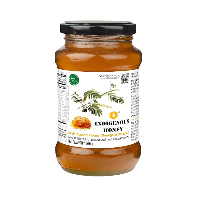 INDIGENOUS HONEY Khair Honey Raw Organic Natural Pure Unprocessed NMR Tested Unpasteurized Unheated 530g Glass Jar Pack of 1