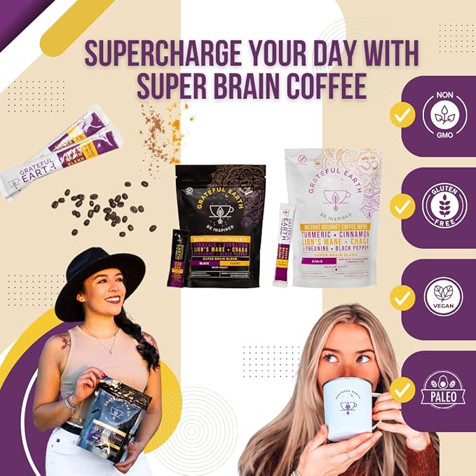 Grateful Earth Mushroom Coffee Coconut Instant Coffee with Lion’s Mane Mushrooms Chaga Turmeric L-Theanine Cinnamon Super Brain Blend For Energy &amp Immune Support Dairy &amp Gluten Free 20