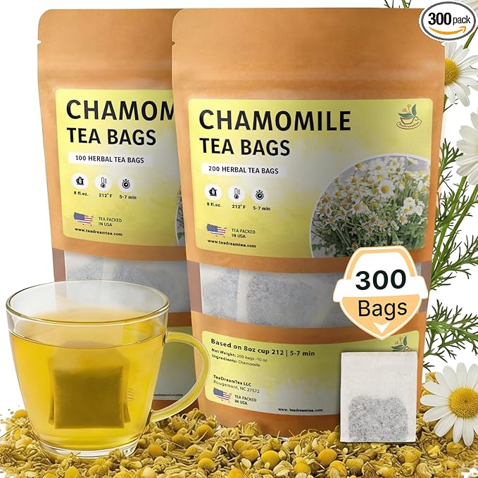 TeaDeam Tea Chamomile Tea Bags | Caffeine-Free &amp Sleep Time Tea | Chamomile Flowers Aroma - For Relieving Stress | Brew Hot Or Iced | 300 Tea Bags