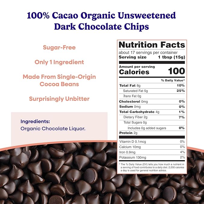 Pascha Organic 100% Cacao Baking Chips - Unsweetened Dark Chocolate - Sugar-Free Keto Vegan Baking Chocolate - Single Ingredient Rainforest Alliance Certified - Allergen-Free (Pack of 6)
