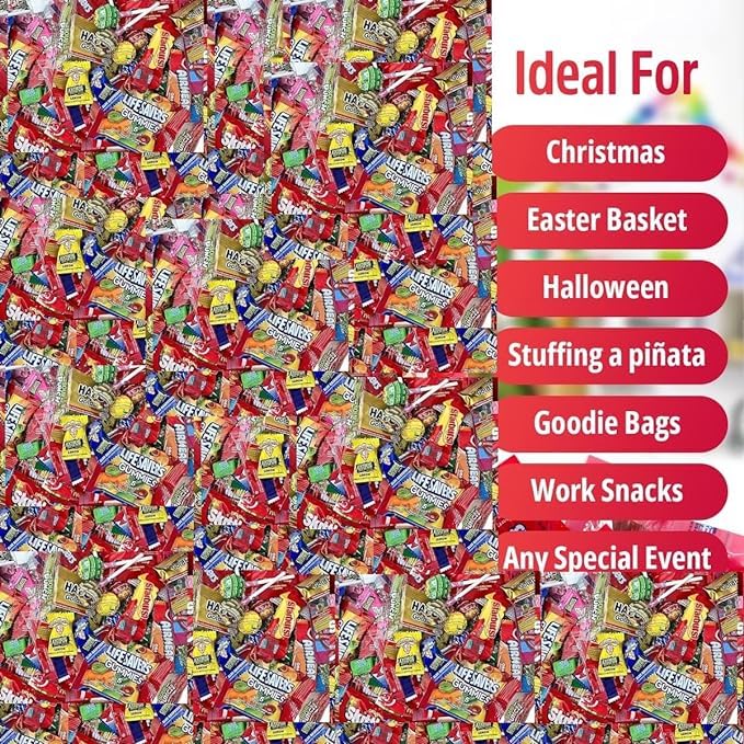 ASSORTED VARIETY BULK CANDY MIX 8.5 LB of Assorted Individually Wrapped Snack Size Candy Mix Skittles Starburst Haribo Jolly Ranchers and More for Pinata Filler Kids Parties and Office Candy