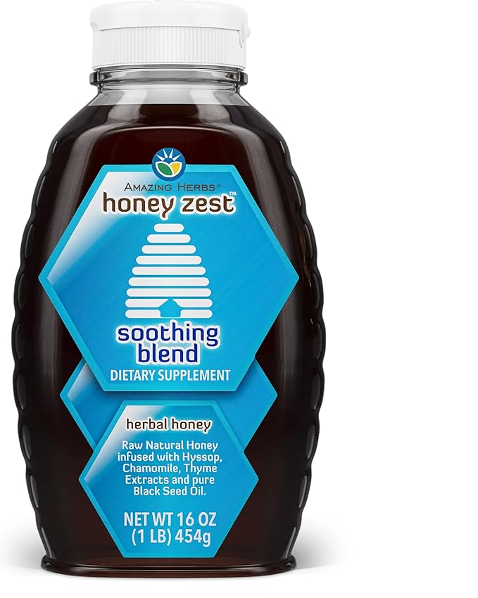 Amazing Herbs Raw Natural Honey - Herbal Honey Infused with Hyssop Chamomile Thyme Extracts &amp Pure Black Seed Oil Non GMO Gluten Free Immune Booster - Honeyzest Soothing Blend 16 Fl Oz