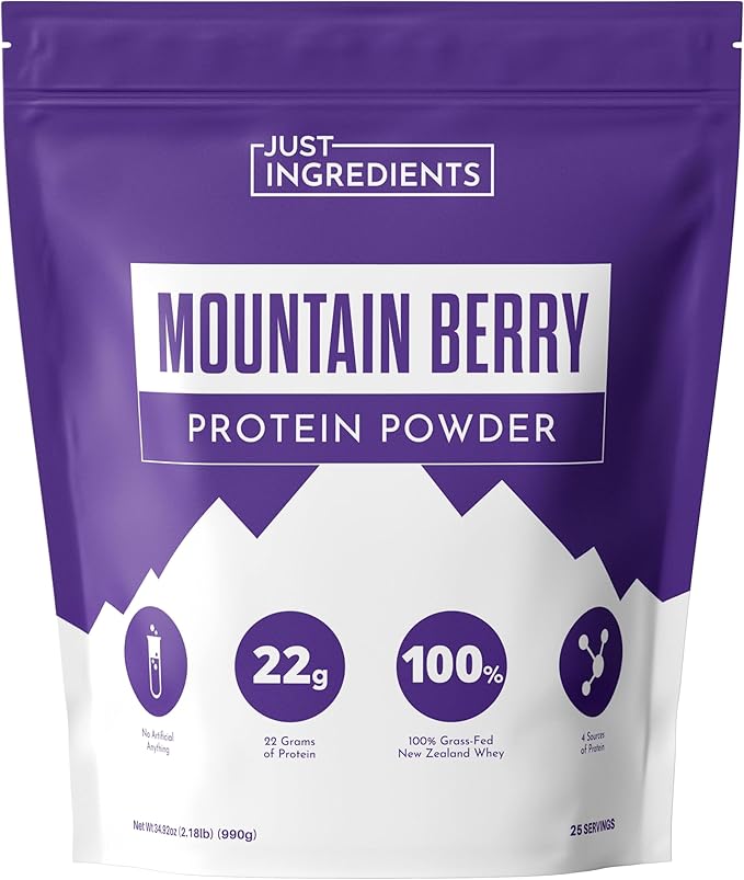 JUST INGREDIENTS Mountain Berry Protein Powder – 30-Serving Blend with 100% Grass-Fed Whey &amp Organic Plant Proteins – Mixed Berry Flavor with Real Fruit – Supports Muscle Recovery Energy*