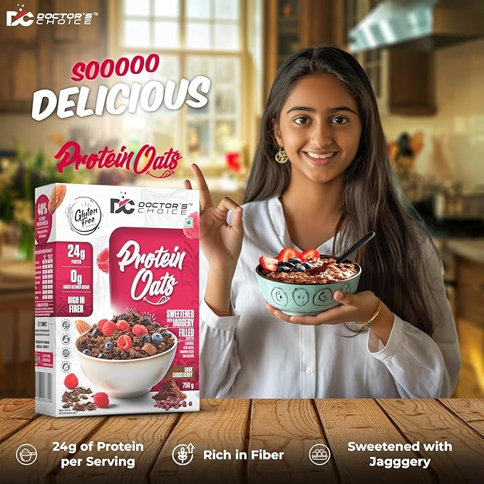 DOCTORS CHOICE Oats High Protein Oats 24g Pure Protein Breakfast Cereals Jaggery Sweetened Rich in Fiber No Additives and 0g Sugar. (750g Dark Choco Berry)