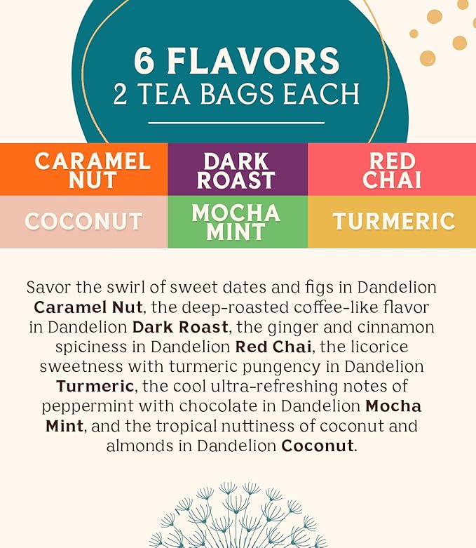 Teeccino Dandelion Tea Sampler - Caramel Coconut Dark Roast Mocha Mint Red Chai Turmeric - Prebiotic Coffee Substitute | Caffeine Free | Gluten Free | Coffee Alternative 12 Tea Bags (Pack of 2)