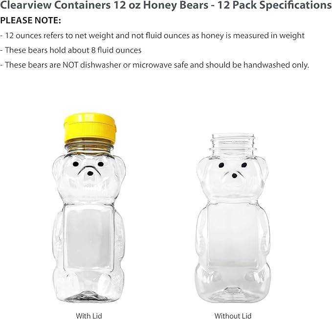 12 Pack of 12 Ounce Clear Honey Bears with Sealable Yellow Flip Top Lids (12 oz. Clear Bear 12pk Yellow)