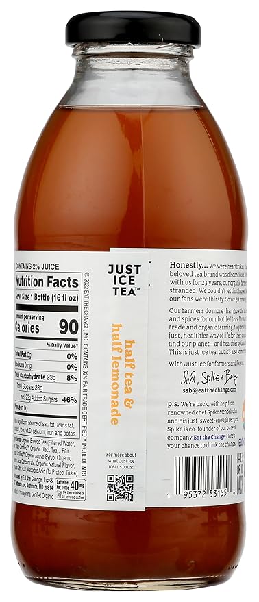 Eat The Change Just Ice Tea Organic Half Tea &amp Half Lemonade Kosher 16 Fluid Ounces (Pack Of 12)