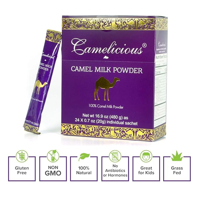 Camel Milk Powder Camelicious 480g Box US Edition(24 Packets x 20g each) Non-GMO Gluten Free Low Lactose Alternative Dry Milk Powder - Flash Pasteurized Powdered Camel Milk Longer Shelf Life