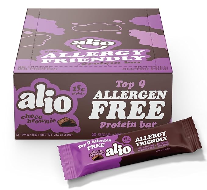 Alio Protein Bars - Choco Brownie (12 Bars) – Free From The Top 9 Food Allergens High Protein Low-Calorie Vegan Gluten-Free Nut-Free Non-GMO Plant-Based Seed Oil Free Delicious &amp Healthy