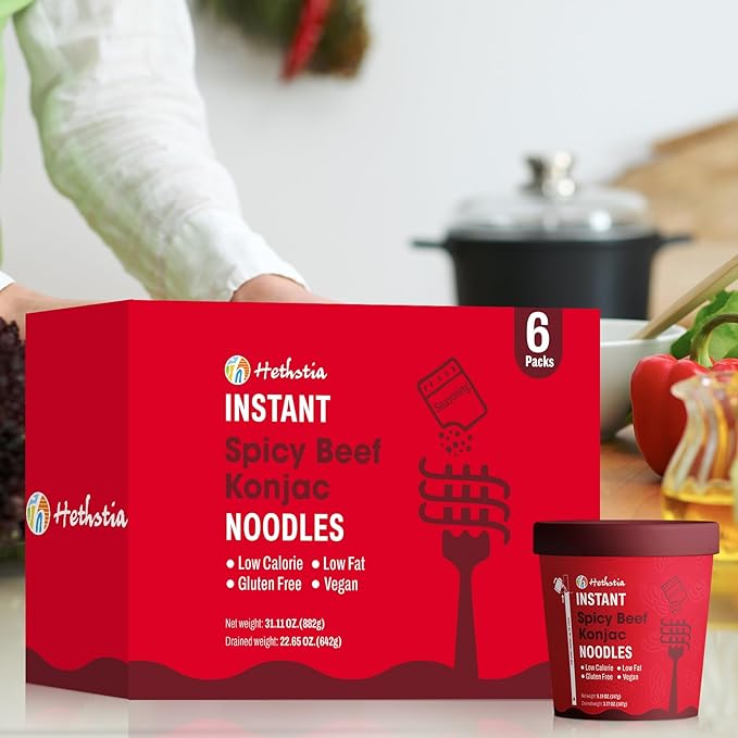 Hethstia Konjac Noodle Spicy Beef Soup 6-Pack Instant Shirataki Pho Soup Cup Low-Calorie 34.32 oz Konjac Pho Pasta Spicy Beef Broth Sugar-Free Low-Carb Gluten-Free Vegan Healthy Asian Meal