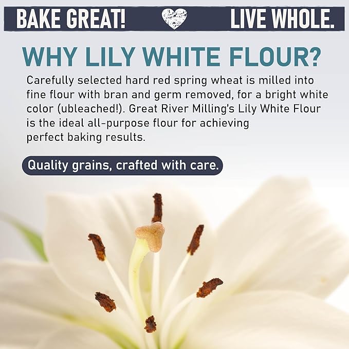 Great River Milling Lily White Organic All-Purpose Flour | Unbleached &amp Unbromated | Non-GMO Kosher | Ideal for Bread Cookies Cakes Pizza Dough &amp Everyday Baking | 25 Lb
