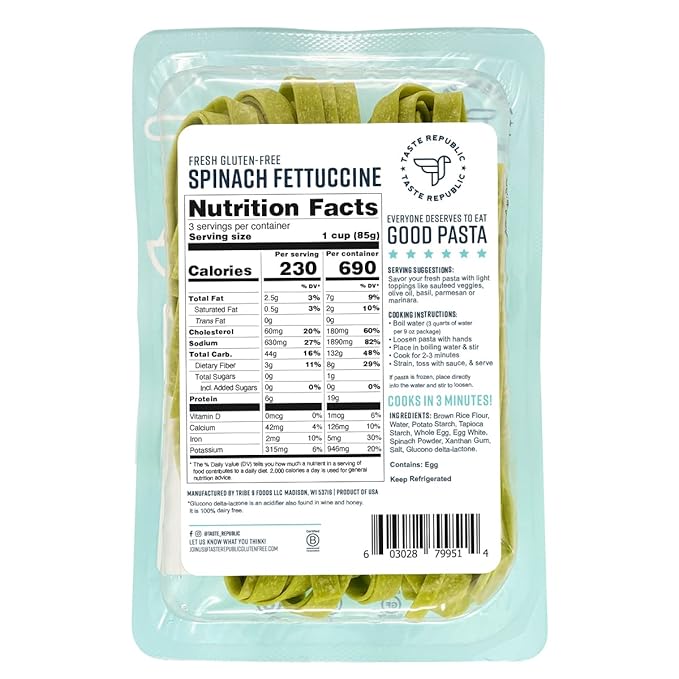 Gluten-Free Pasta Spinach Fettuccine Fresh Brown Rice Noodles Cook in Just 3 Minutes by Taste Republic Frozen 9oz (6 pack)