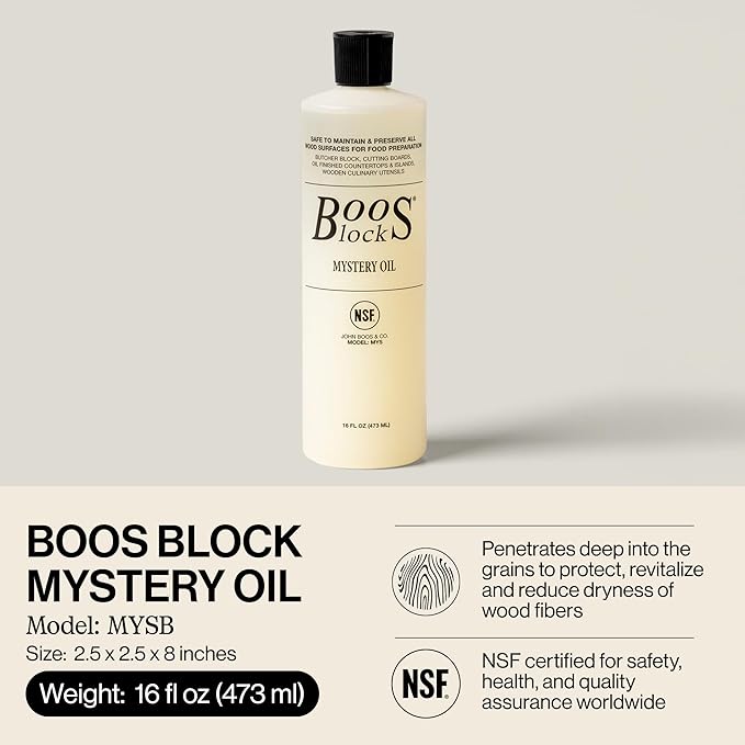 John Boos All-Natural Mystery Oil Revitalizing Wood Conditioner 16 oz - Food-Grade Mineral Oil for Butcher Blocks Cutting Boards Countertops and Wooden Culinary Utensils