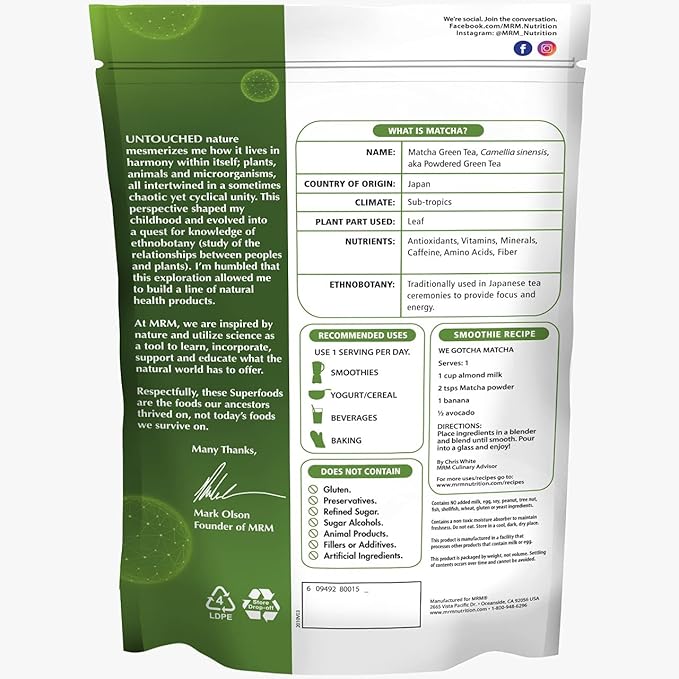 MRM Nutrition Superfoods Matcha Green Tea Powder - Grown In Japan Superfood Powder for Matcha Lattes Smoothies &amp Baking -Vegan Gluten-Free and Non-GMO verified - 42 Servings