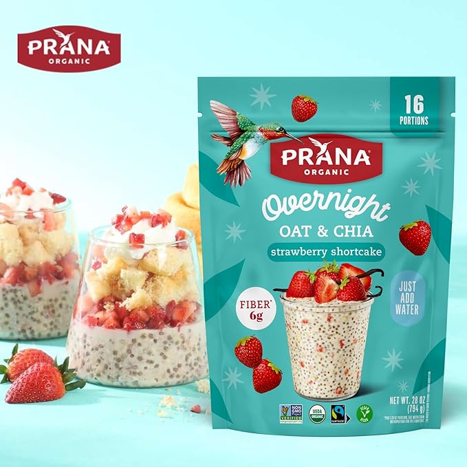 Prana Organic Overnight Chia with Oats Strawberry Shortcake | 28 oz Bags - 2 Pack | Rich in Fiber &amp Protein Vegan Non-GMO | Ready to Eat Breakfast