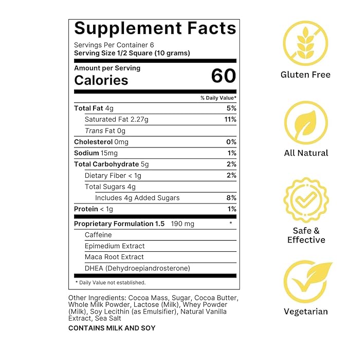 Tabs Dark Chocolate Squares (1 Box) - 60% Cocoa with Epimedium and Maca Root - Vegetarian and Gluten-Free