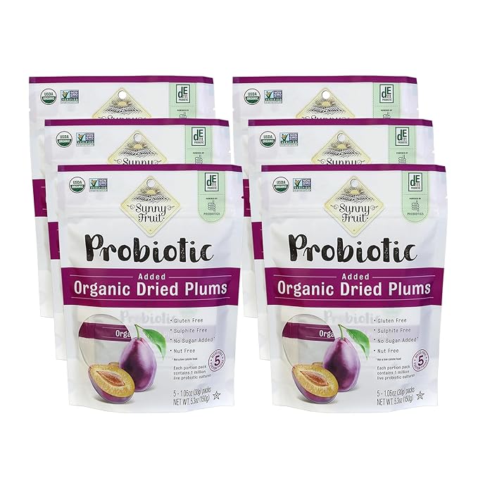 Sunny Fruit Organic Probiotic Pitted Prunes - 6 Bags (30 Individual Portion Packs) | No Preservatives No Sugar Added | Dried Plums Snack Packs with Live Probiotics | ORGANIC NON-GMO KOSHER HALAL