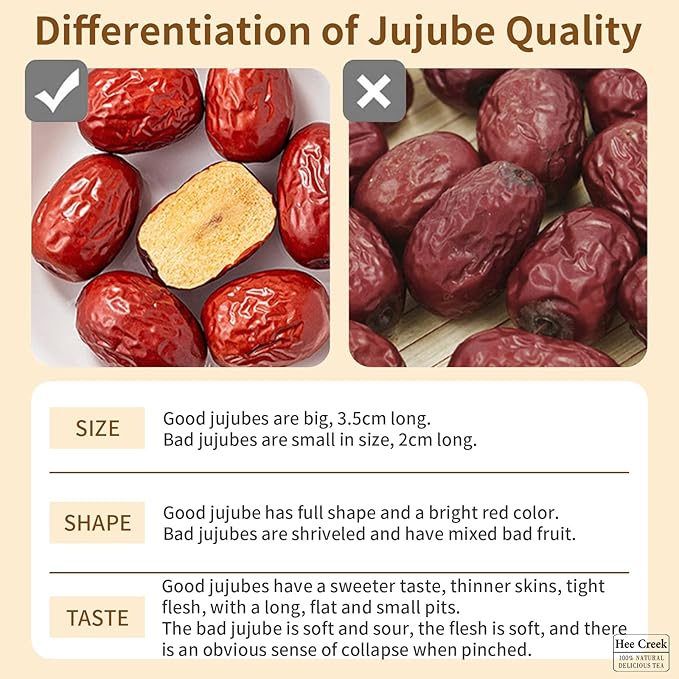 Hee Creek Chinese Jujube Dates 500g (1.1LB) dried red date High Grade Dried Red Dates Fruit Jujubes Healthy Dried Fruit Superfood Snack No Preservatives Vegan Kosher Sweet Crispy Small Core 红枣 大枣