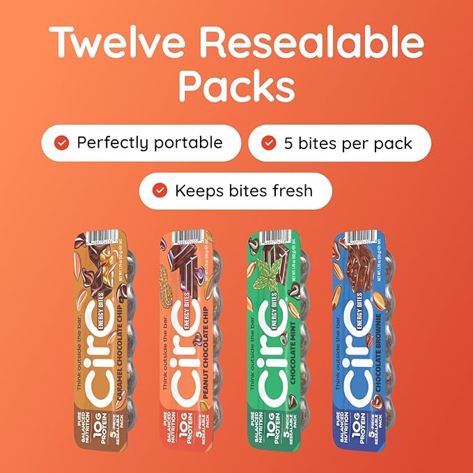 CirC Energy Bites - Chocolate Lovers Variety 12 Pack Gluten Free Protein Balls - 10g Protein Whole Grains Nuts &amp Fruit - Portable Healthy Snacks for Adults &amp Kids 5 Piece Resealable Packs