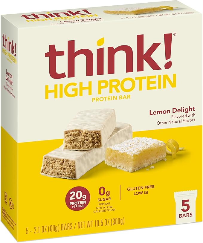 think! Protein Bars High Protein Snacks Gluten Free Sugar Free Energy Bar with Whey Protein Isolate Lemon Delight Nutrition Bars without Artificial Sweeteners 2.1 Oz (30 Count)