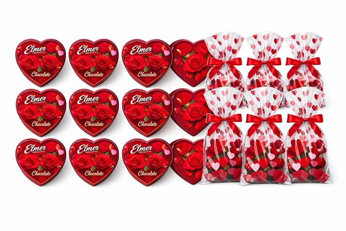 Valentine’s Day Chocolate Gift Boxes with 12 ct Treat Bags – Elmer Assorted Heart-Shaped Milk Chocolate 2 oz Each 12-Count – Individually Wrapped Classroom Exchange for Kids School &amp Office