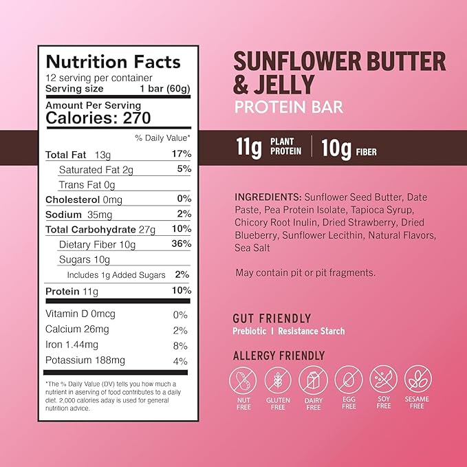 Amrita Nut Free Sunflower Butter &amp Jelly Vegan Protein Bars ( 12 CT PK of 3 ) | 11g Plant-Based Protein Bar | Peanut Free Gluten Free and Dairy Free | Low Sugar High Fiber Healthy School-Safe