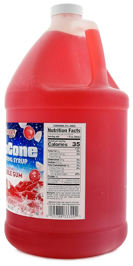 Snappy Bubble Gum Sno Cone Syrup 1 Gallon (128 ounces) Size Ready to Use For Snow Cone Machines Flavored Syrup for Shaved Ice 14 Snow Cone Flavor Options
