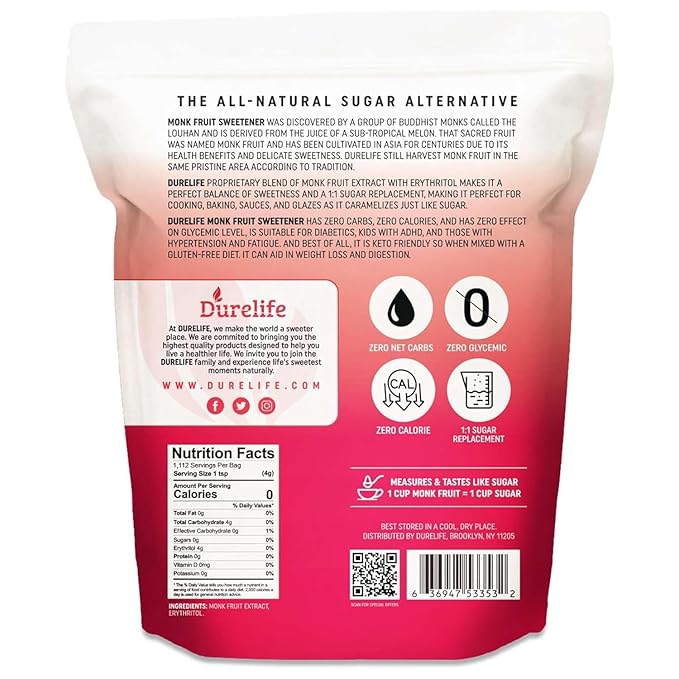 Durelife Monk Fruit Sweetener Classic - Sugar Substitute Keto Diet Friendly 1:1 Zero Calorie White Sugar Substitute Classic White - 10 lb Bulk