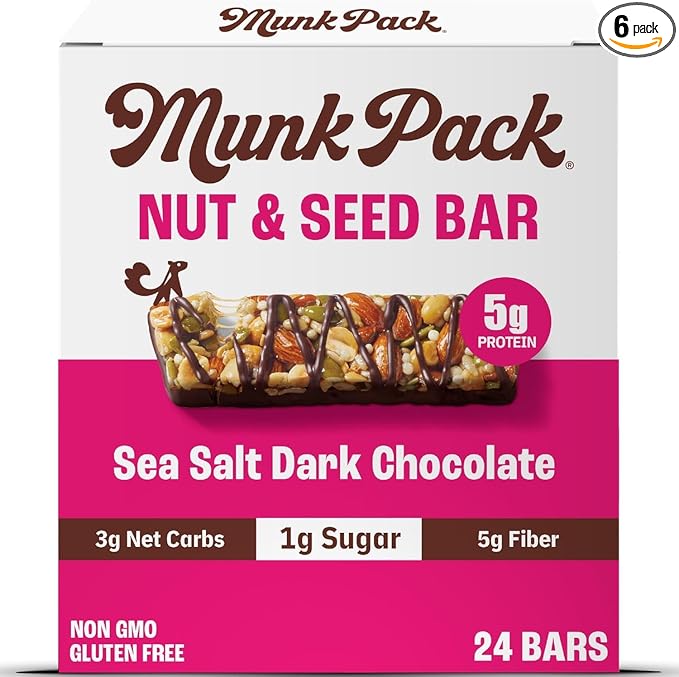 Munk Pack Nut &amp Seed Snack Bars - 5g Protein 1g Sugar 3g Net Carbs Low Sugar Keto and Gluten Free Snack for Adults and Kids Sea Salt Dark Chocolate – 4.92 oz 24 Pack