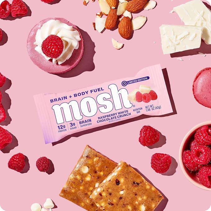 MOSH Raspberry White Chocolate Crunch Keto Protein Bars High Fiber Low Carb Gluten Free High Protein Brain Healthy Snack 12 Count