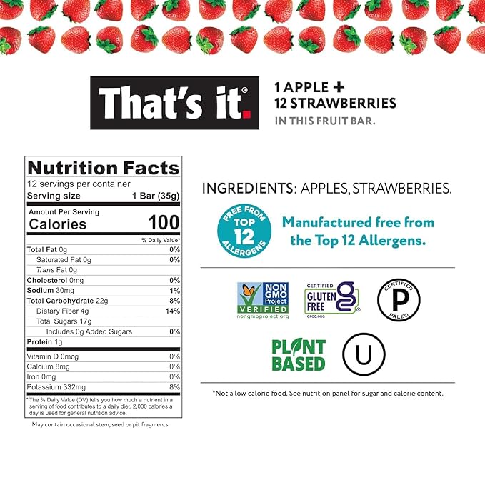 That's it. Apple + Strawberry 100% Natural Real Fruit Bar Best High Fiber Vegan Gluten Free Healthy Snack Paleo for Children &amp Adults Non GMO No Sugar Added No Preservatives Energy Food (12 P