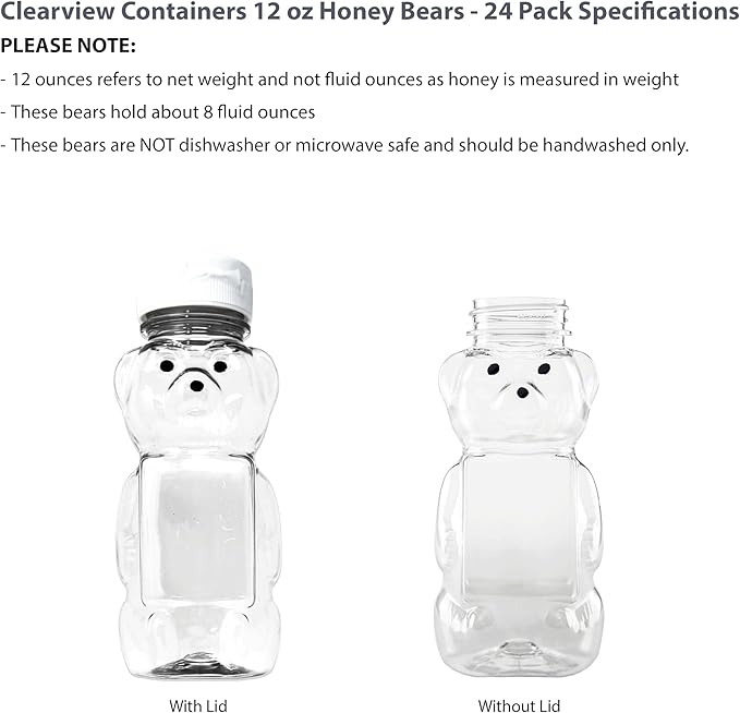 12 Ounce Clear Plastic Squeezable Honey Bears with Sealable Flip Top Lids - BPA Free Hand Wash Only (White 24 Pack)