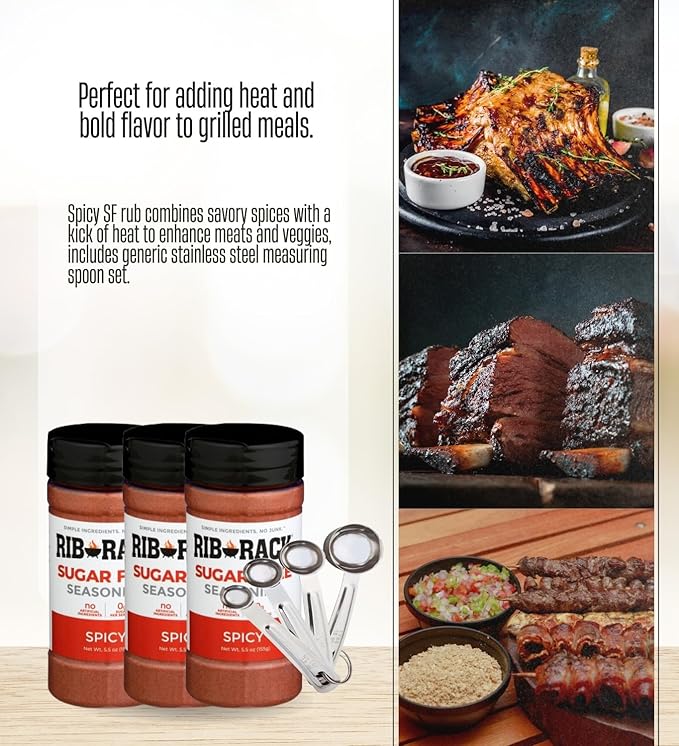 Rib Rack BBQ Sauce – 3x Rib Rack Ssnng Rub Spicy SF 5.5 OZ – Bundle with Measuring Spoon Set – Savory and Spicy Blend of Herbs and Aromatics for Cooking and Grilling – Gift Set (4 Items)