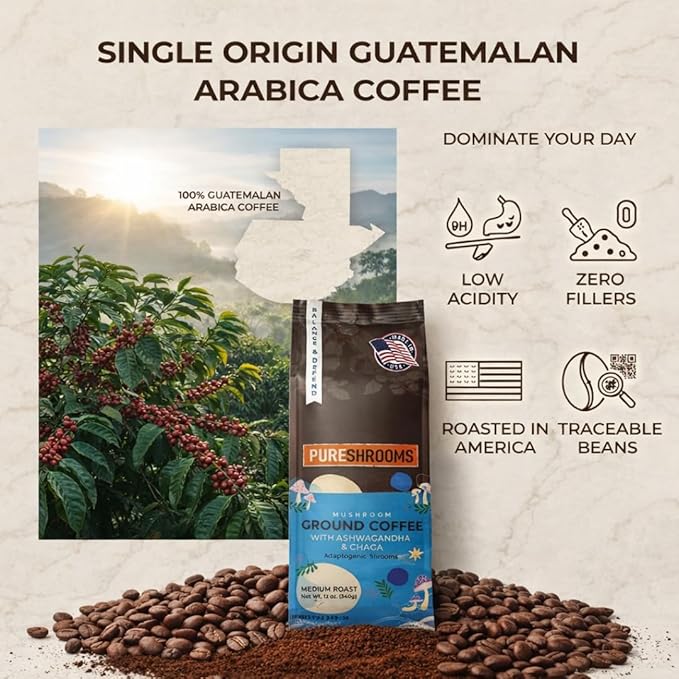 Mushroom Ground Coffee with Organic Ashwagandha Chaga L-theanine - Medium Roast 100% Arabica Beans - Adaptogenic Support for Balance &amp Immunity - (12 oz/340g)