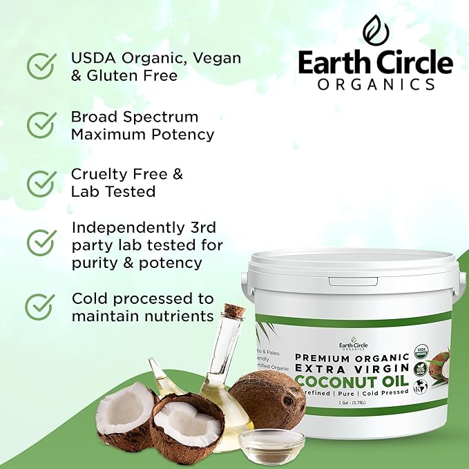 Earth Circle Organics Premium Ultra-Pure Unrefined Cold Pressed Extra Virgin Coconut Oil - Gluten-Free Keto &amp Paleo Friendly - Raw Coconut Oil for Skin &amp Hair Care Cooking Baking &amp More