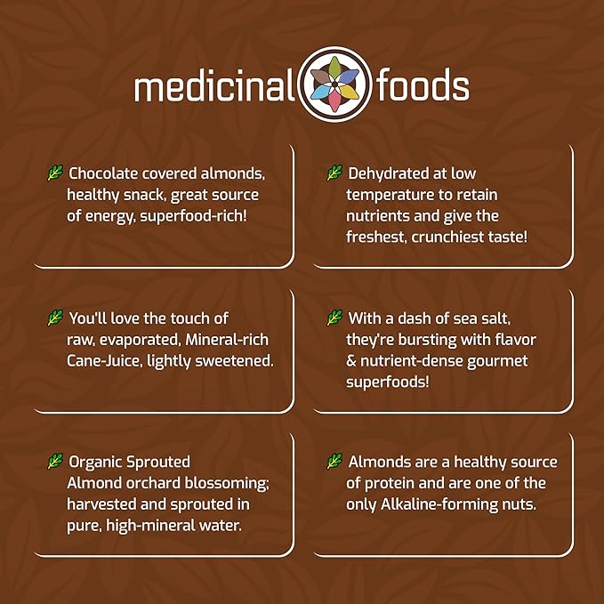 Medicinal Foods Chocolate Covered Almonds | Organic Raw Vegan Sprouted Superfood Snack | Nutrient-Rich Energy Boost | 6 oz